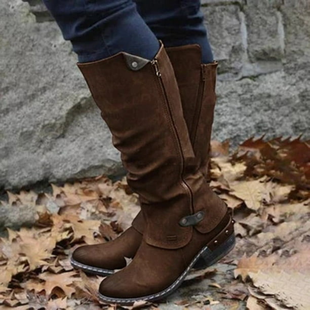 Women Western Cowboy Knee Boots Punk Boots Ladies Winter Warm  PU Leather Shoes